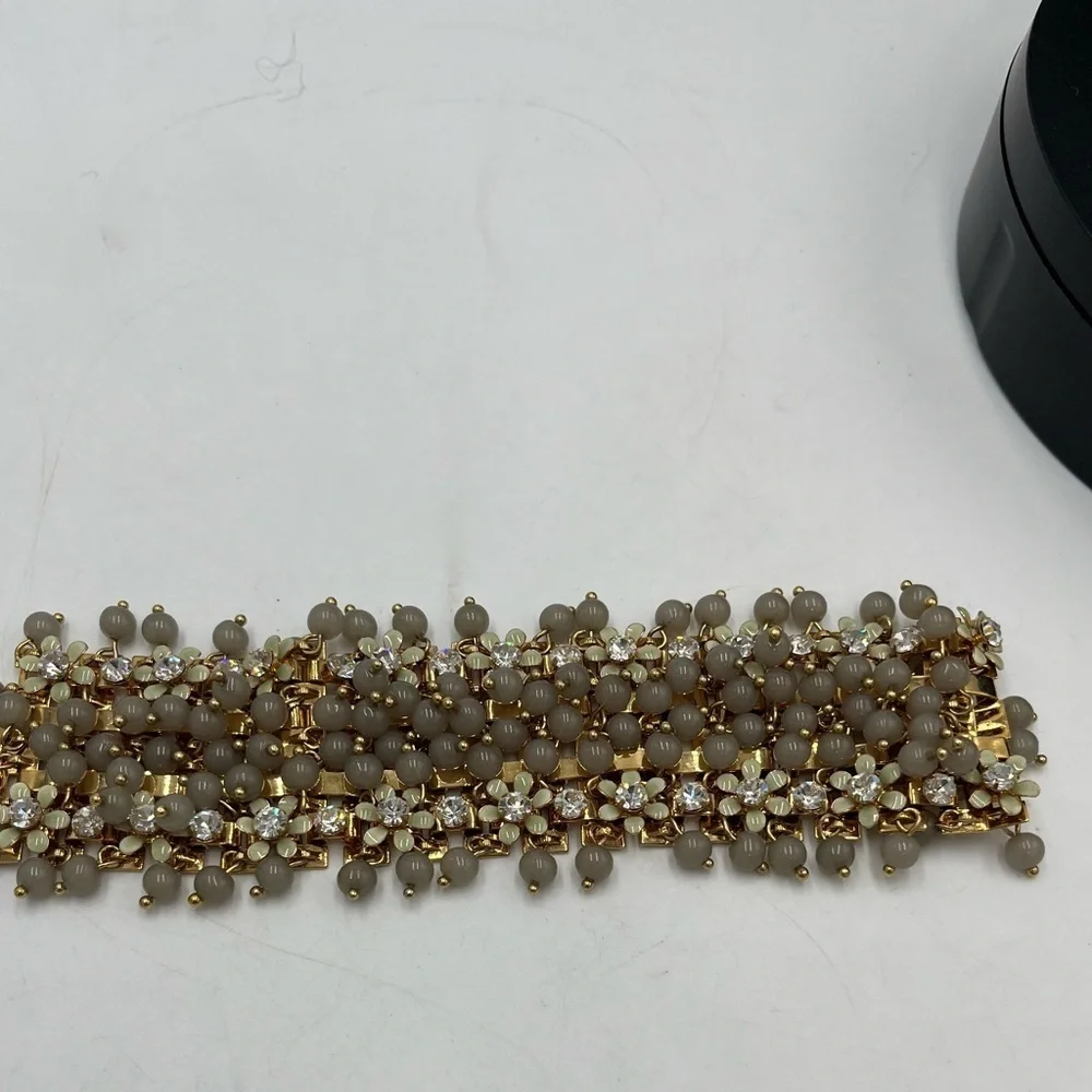 J.Crew Cluster Crystal Flowers Grey Lucite Beads Signed‎ Statement Bracelet